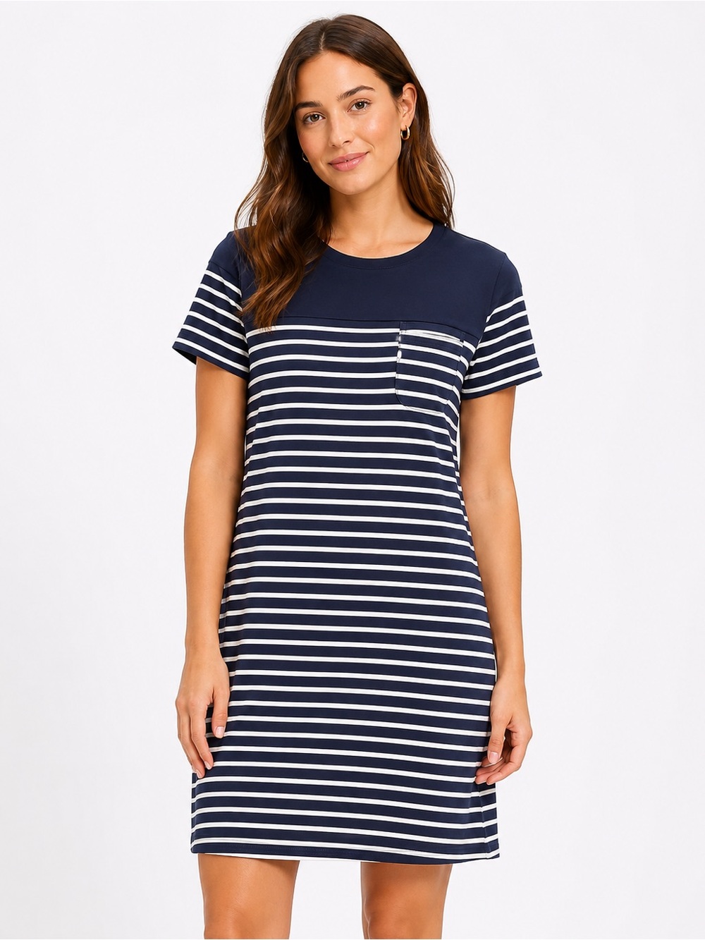 Navy & White Stripe Short Sleeve Dress With Hidden Pockets On Sides